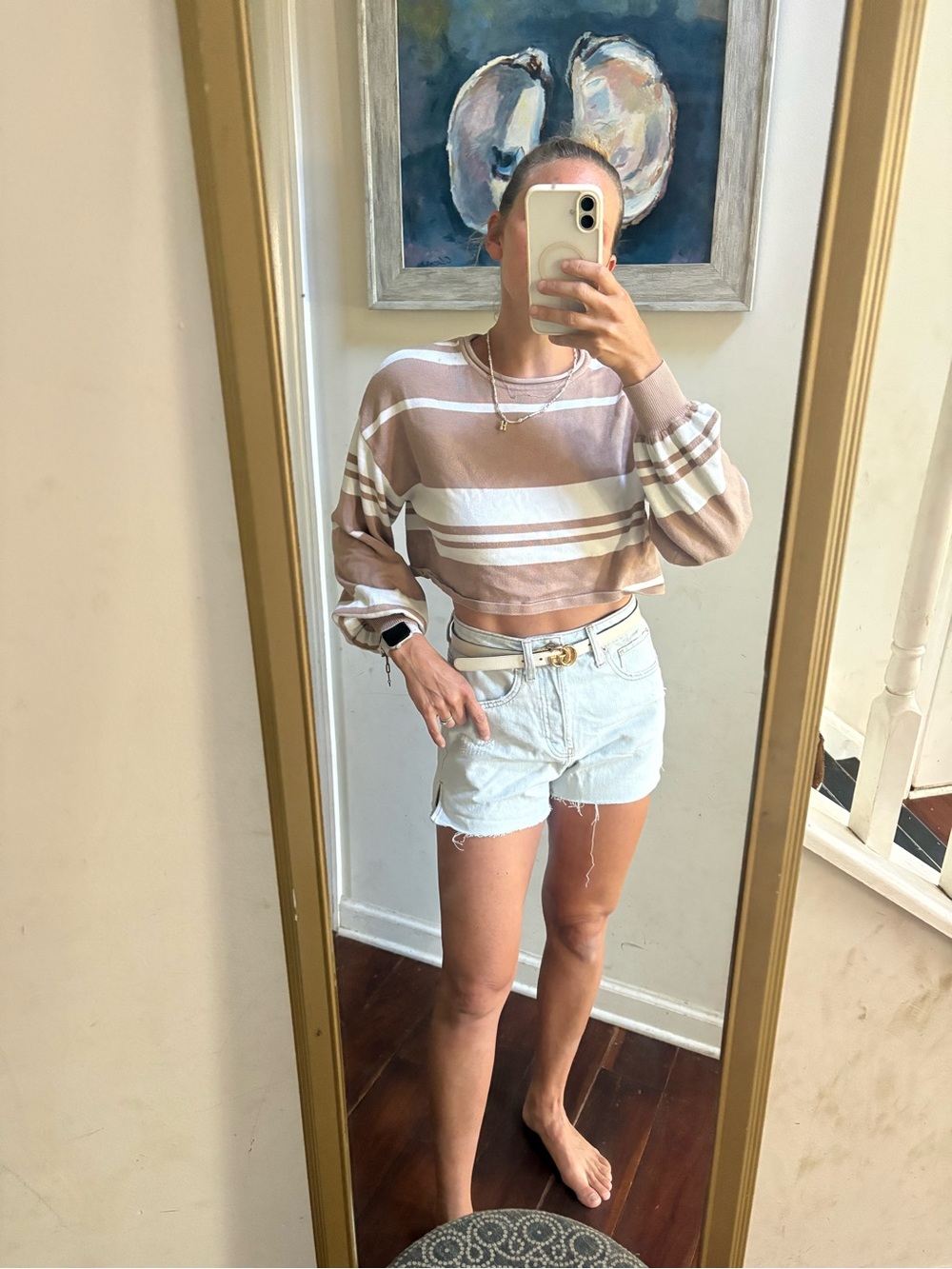 Striped Cropped Knit Top in Beige and White